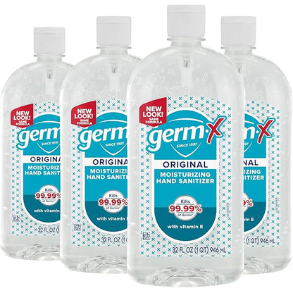 Germ-X Original Hand Sanitizer, Back to School Supplies, Non-Drying Moisturizing Gel with Vitamin E, Instant and No Rinse Formula, Large Family-Size Flip Top Bottle, 32 Fl Oz (Pack of 4)