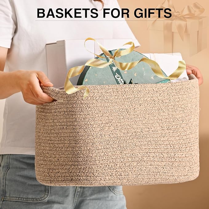 Woven Cotton Rope Storage Basket for Organizing, Cute Decorative Baskets for Gifts Empty, Organizer Bins for Dog Toy, Baby Laundry, 17“×13”×9.5“, Brown