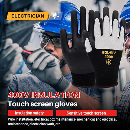 400V Electrical Gloves For Electrician XL - Flame Retardant,Low Voltage Insulated Safety Work Gloves,Rubber Non Slip,Touch Screen Grip