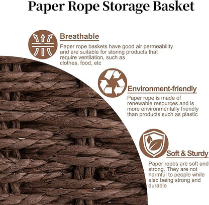 OIAHOMY Toilet Paper Baskets Handmade Paper Rope Decorative Wicker Storage Tank Shelf Cabinet Organizer for Bathroom Home, Set of 2, Brown