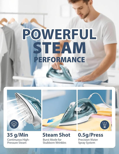 Sundu 1500W Steam Iron for Clothes, Ceramic Nonstick Soleplate for Fast Smooth Gliding, Self Clean, Auto Shut Off, 11.8oz Large Water Tank, Lightweight for Home & Travel Use, Green