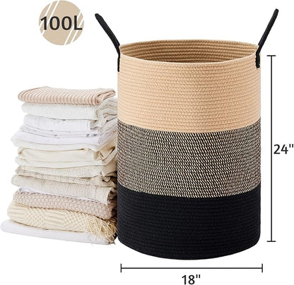 VIPOSCO Large Laundry Hamper, Tall Woven Rope Storage Basket for Blanket, Toys, Dirty Clothes in Living Room, Bathroom, Bedroom - 100L Brown & Black