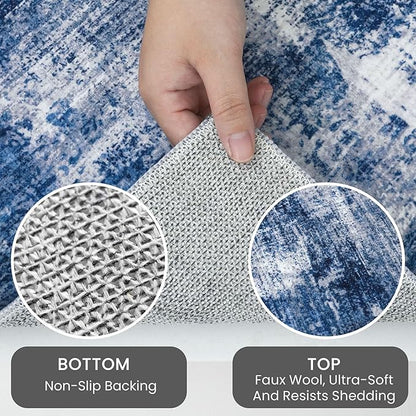 IOHOUZE Abstract Runner Rug 3x14 Ft Washable Runners for Hallways, Non Slip Kitchen Runner Printed Faux Wool Entryway Runner Indoor, Modern Abstract Floor Carpet for Hall Stair, Navy/Grey
