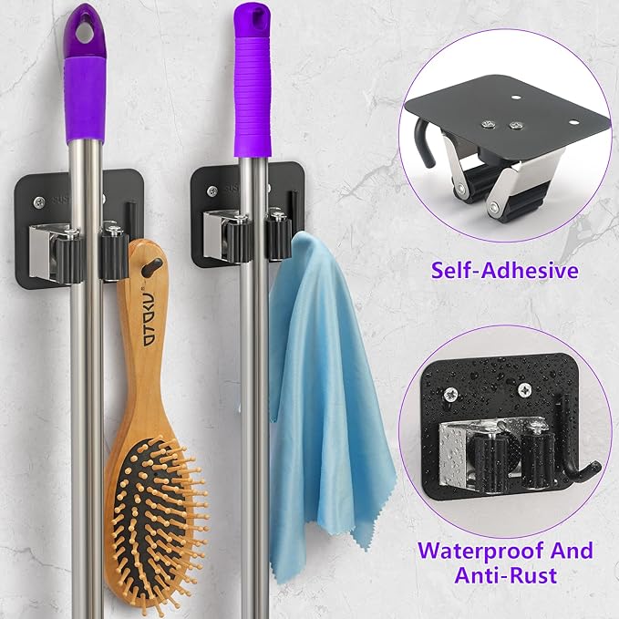 Broom Holder Wall Mount Screw Drilling, Sturdy Heavy Duty Stainless Steel Mop Gripper Rack Perforated, Perfect for Laundry Room Organizer, Fit with Laundry Kitchen Garage Garden Storage System