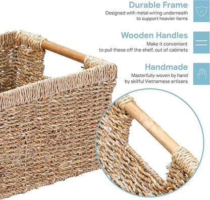 Natural Seagrass Basket with Wooden Handle, Medium Rectuangular Wicker Basket for Living Room 12.2 x 8.9 x 6.7 inches - 3 Pack