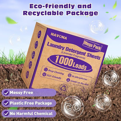 1000 Loads Mega Pack Laundry Detergent Sheets, Eco-friendly Laundry Sheets, Powerful Cleaning, Suitable for Homes, Dorms, and Apartments - [Lavender Fragrance]