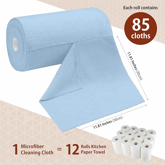 H4N Microfiber Cleaning Cloth Roll, 85 Pack Micro Fiber Wash Cloths for Car, Tear Away Towels, Ultra Absorbent Dish Rags, Non-Abrasive, Reusable and Washable Household Supplies, 11.81" x 11.81", Blue