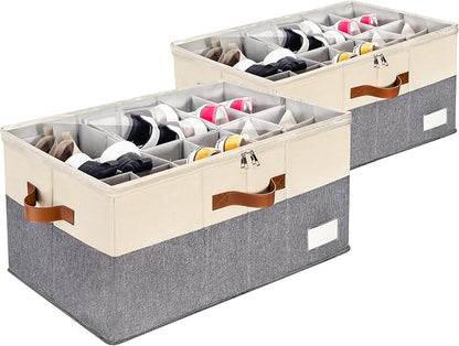 2 Pack Shoe Organizer for Closet, Adjustable Shoe Box Storage Containers, Large Foldable Shoe Bins with Clear Cover, Space Saving Shoes Holder with 4 Handles, Fits 24-48 Pairs, Beige