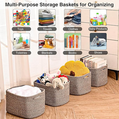 Small Storage Baskets for Organizing Shelves, Cotton Rope Basket for Storage, Cute Rectangular Book Toy Basket, 12.7"×9.1"×7.9", 4 Packs, Dark Brown