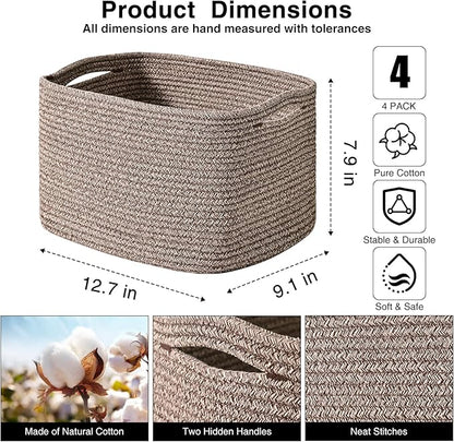 Small Storage Baskets for Organizing Shelves, Cotton Rope Basket for Storage, Cute Rectangular Book Toy Basket, 12.7"×9.1"×7.9", 4 Packs, Dark Brown