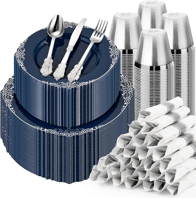Bestluck 700PCS Navy Blue Disposable Dinnerware