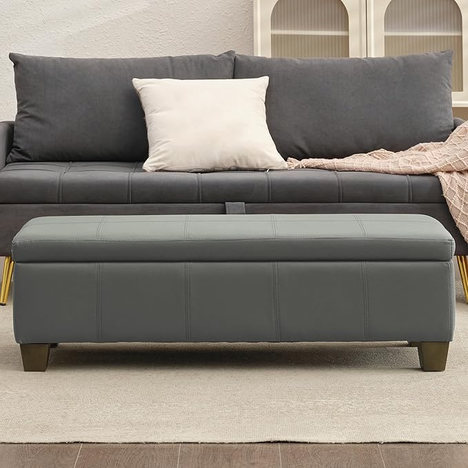 51 Inch Faux Leather Ottoman with Storage, End of Bed Bench with Large Storage, Rectangular Extra Long Bench for Bedroom and Living Room, Light Grey