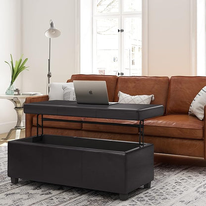SIMPLIHOME Avalon 44 inch Wide Contemporary Rectangle Lift Top Rectangular Storage Ottoman in Tanners Brown Vegan Faux Leather, Assembled, for the Living Room, Entryway and Family Room.