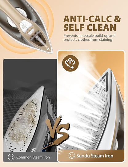 Steam Iron for Clothes Rapid Heating, 1500W Iron with Non-Stick Ceramic Soleplate, Auto-Off, Burst of Steam, 500 Microsteam Holes, Self-Cleaning, 12.31oz Water Tank Ironing Clothes for Home