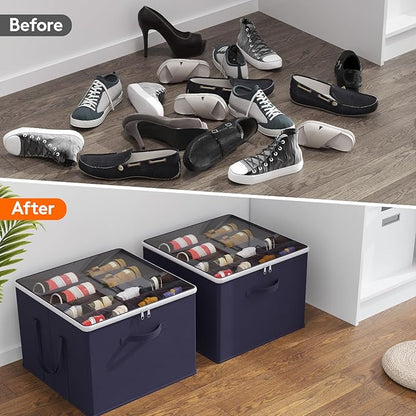 Lifewit Shoe Storage Organizer for Closet Fits 12-16 Pairs, Fabric Large Shoe Box Storage Containers with Clear Cover, Foldable Bins Fit for Boots Heels Sneakers 17"(L) x 17"(W) x 12.5"(H) 2 Pack Blue