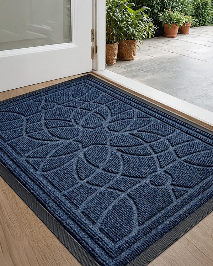 DEXI Front Door Mat Outside Entrance, Heavy Duty Non Slip Low Profile Doormat for Entryway, Trap Dirt and Moisture Welcome Mats, Easy Clean, Patio, Garage, 17x29, Blue