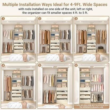 Aheaplus Closet System, 4-9Ft Closet Organizer with 4 Wooden Drawers, Wood Closet Organizer System with Tower, Walk-in Closet Organizer Wardrobe Garment Clothes Rack with 4 Hanging Rods, 2White Oak