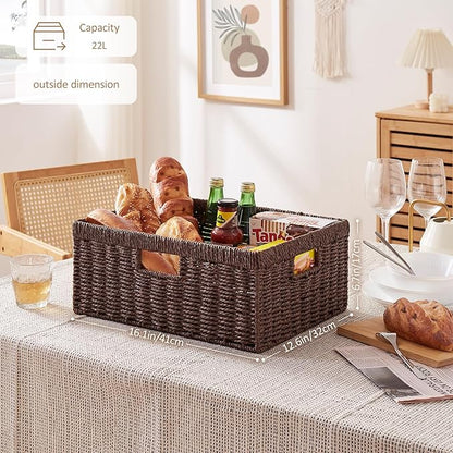 OIAHOMY Wicker Basket, Paper Shelf Basket with Built-in Handles, Rectangular Wicker Storage Bin for Pantry, Shelves, 1 Pack-Brown