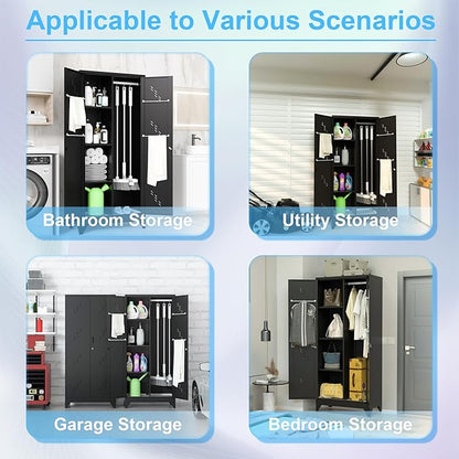 71'' Metal Storage Cabinet with Doors, Multifunctional Bathroom/Garage Lockable Steel Cabinet, Broom Closet Storage with Hanging Rod (Style-1)