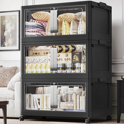 BROVIEW 480QT Stackable Storage Bins with Lids, 120Gal Extra Large Collapsible Storage Box with Wheel, Plastic Storages with Clear Door Open Front for Home Kitchen Garage, Black-3pack(3 lids)