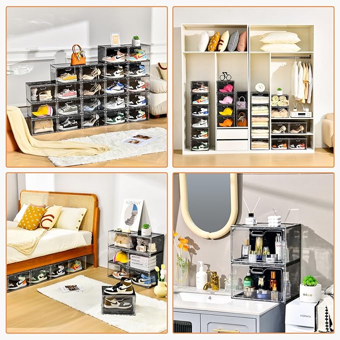 New 8 Pack Shoe Boxes Stackable, Large Shoe Storage Organizer with Lids,Drop Side Shoe Containers for Entryway,Sneaker Storage Fit up to US Size 13 for Men/Women(13’’x 10.6”x 8.3”)
