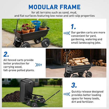 Yesker Garden Carts - 600lbs Dump Wagon with All Terrain Inflatable Wheels for Yard Lawn Farms Gardening - Heavy Duty Utility Outdoor Hauling Wheelbarrow