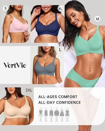 Vertvie Womens Seamless Bras No Underwire Supportive Wireless Push Up Full Coverage Bralette Comfort Scalloped T-Shirt Bra