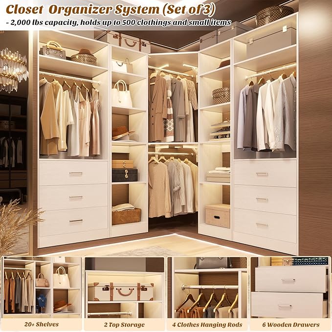 Corner Closet System with 6 Drawers, Closet Organizer System with 14 Shelves & 4 Hanging Rods, 87.2"L * 39.2"W / 63.2"L * 63.2"W Reversible L Shaped Walk-in Closets, Load 2500+LBS, White