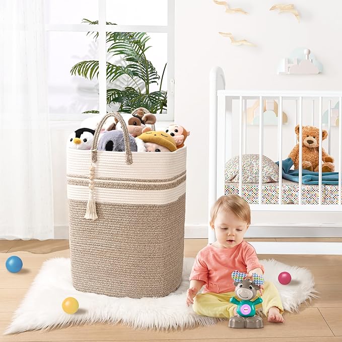 Woven Laundry Basket for Clothes, 50 L Large Rectangle Laundry Hampers with Beads Tassel, Nursery Storage Basket for Toys, Tall Dirty Clothes Hamper for Bedroom Aesthetic, Laundry Room Organization