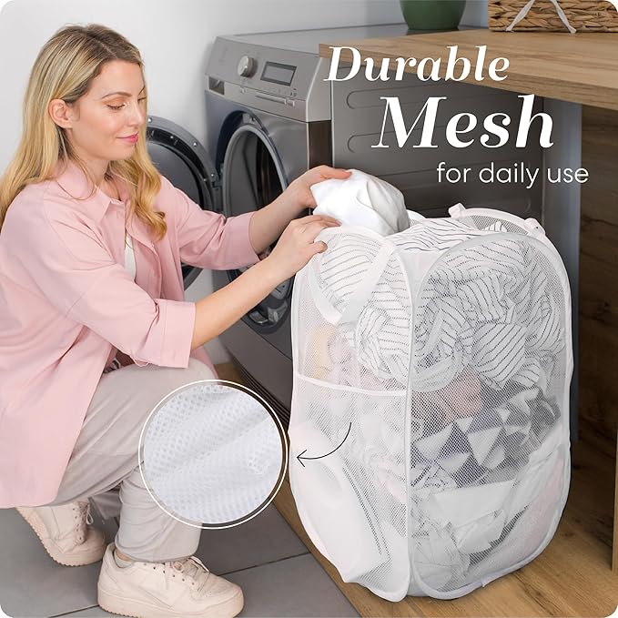 Handy Laundry Collapsible Mesh Pop Up Hamper with Wide Opening and Side Pocket - Breathable, Sturdy, Foldable, and Space-Saving Design for Clothes and Storage (White | 2-Pack)