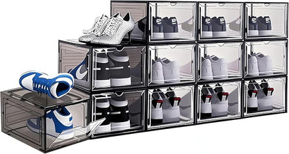 9 Pack Thicken Shoe Organizer Stackable Upgraded Sturdy Transparent Shoe Storage Box with Magnetic Door Sneaker Hats Display Case Fit Up to US Size 13, Black