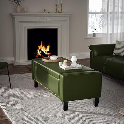 48.8" Storage Ottoman Bench Green | Faux Leather Bedroom Bench with Lift Top for Living Room & Bed End