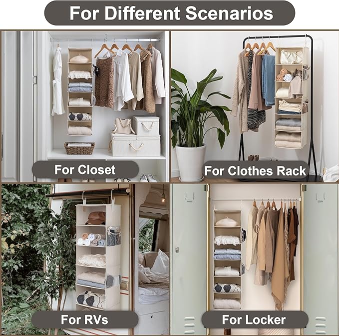 StorageWorks 6-Shelf Hanging Closet Organizer, Hanging Shelves for Closet, Fabric, Mixing of Beige, White & Ivory, 12" D x 12" W x 47 1⁄2" H