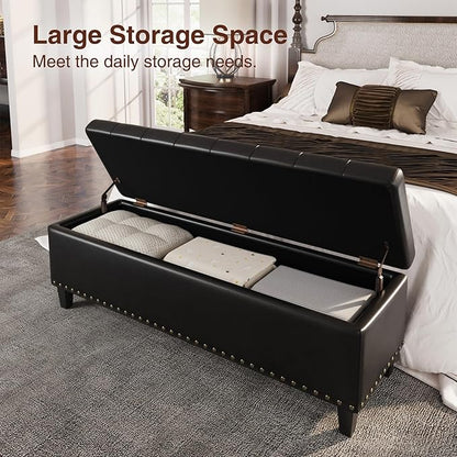 Storage Ottoman Bench, 51-Inch Large Storage Bench for Bedroom End of Bed, 30 Gallons Faux Leather Bench with Storage for Bedroom, Living Room, Entryway, Hallway, Black