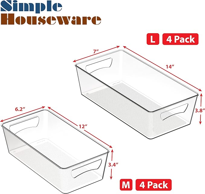 Simple Houseware Pantry Bins Storage Organizer, 8 Packs (4 Medium & 4 Large)