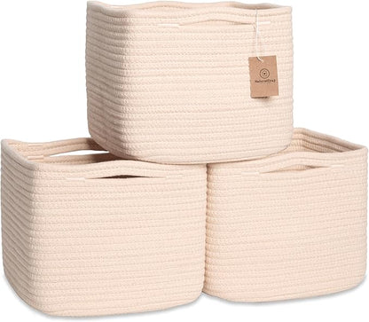 NaturalCozy Storage Cubes 9”x9”x7”Cotton Rope Woven Baskets for Organizing 3-Pack | 9 Inch Cube Storage Bin | Small Basket for Shelf Nursery, Pantry, Decorative Plant, Bathroom Closet, Toy Gift