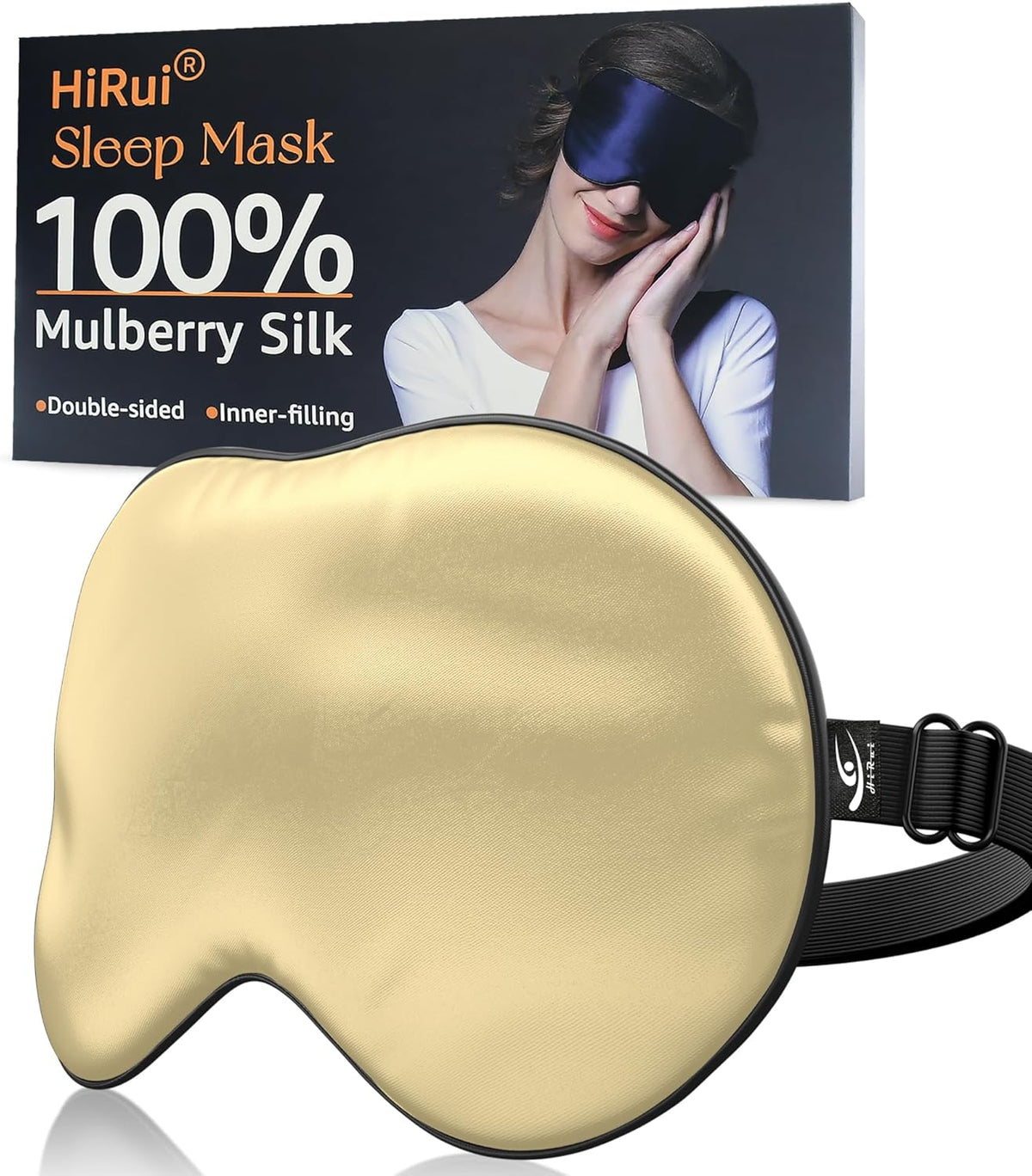 HiRui Silk Sleep Mask, 100% Natural Mulberry Silk of Double-Sided & Inner-Filling, Ultra-Smooth Soft, Adjustable Strap, Blocks Light for Night Sleeping, Travel, Office Naps (Champagne)