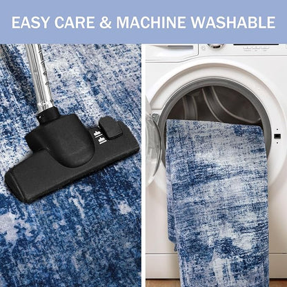 IOHOUZE Abstract Runner Rug 3x14 Ft Washable Runners for Hallways, Non Slip Kitchen Runner Printed Faux Wool Entryway Runner Indoor, Modern Abstract Floor Carpet for Hall Stair, Navy/Grey