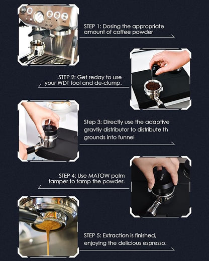 MATOW 2 in 1 Design Gravity Distributor and Magnetic Dosing Funnel Combo, 58.5mm Adaptive Espresso Distributor and Stainless Steel Dosing Ring Set Fits All 58mm Portafilter