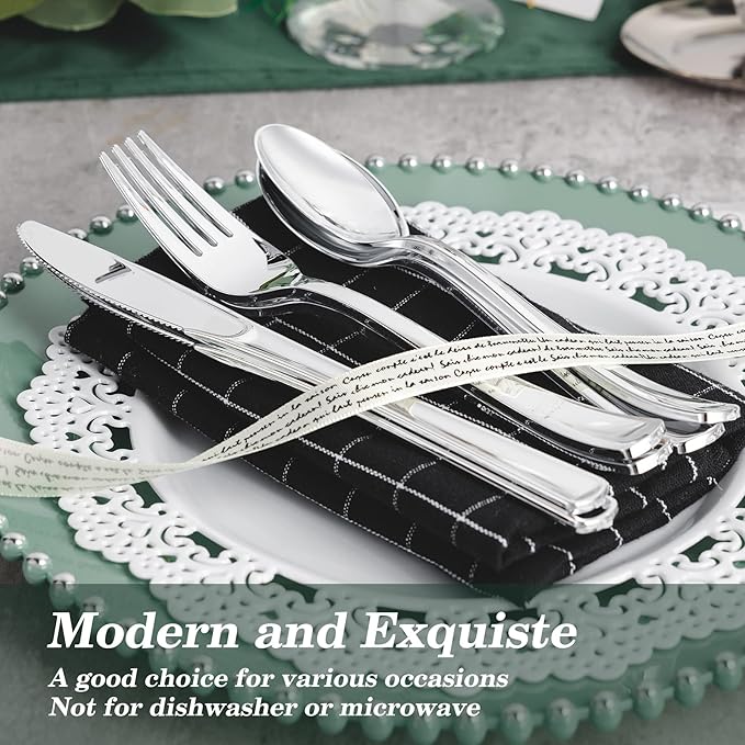 N9R 500PCS Silver Plastic Cutlery Set - 200 Forks, 150 Knives, 150 Spoons - Disposable, Premium, Sturdy - Silver, Plastic - Perfect for Gathering, Weddings, Parties