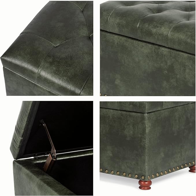 24'' Leather Ottoman with Storage Rectangle Foot Rest Ottomans Stool for Living Room(Green,Leather Texture)