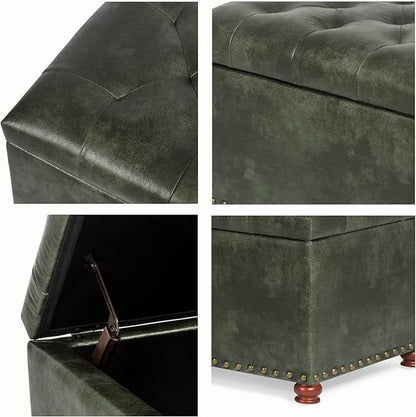 24'' Leather Ottoman with Storage Rectangle Foot Rest Ottomans Stool for Living Room(Green,Leather Texture)