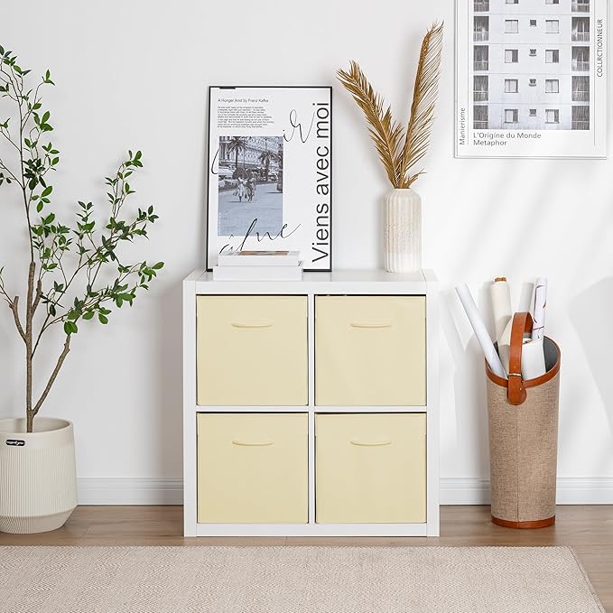 StorageWorks Beige Storage Cubes, 13x13 Storage Cube Bins with Handle, Cube Storage Organizer Bins for Shelves and Closet, Collapsible Storage Bins, 4-Pack