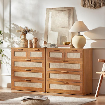 LEYAOYAO Rattan Dresser for Bedroom, 33.5" Tall Chest of Drawers, Modern 5 Drawers Boho Dressers with Storage, Vintage Brown Dresser Wooden Closet Organizer for Living Room, Hallway