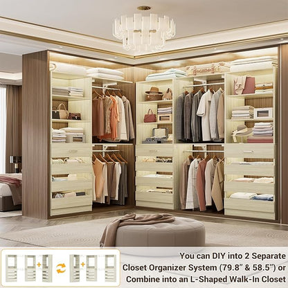 Aheaplus Closet System Set of 3, 138.5" Wood Closet Organizer System Tower with 12 Drawers & 4 Hanging Rods, 6.7+4.85Ft L Shaped Walk-in Closets Wardrobe Organizer Garment Rack with Shelves, White Oak