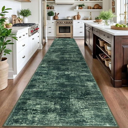 IOHOUZE Abstract Runner Rug 3x16 Ft Washable Runners for Hallways, Non Slip Kitchen Runner Printed Faux Wool Entryway Runner Indoor, Modern Abstract Floor Carpet for Hall Stair, Dark Green