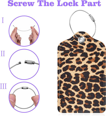 Set of 2 Luggage Tags Brown Leopard Texture Leather Suitcases Tag with Privacy Cover Stainless Steel Loop and Address Card for Women Men Travel