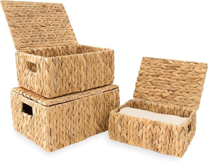 Wicker Storage Baskets with Lid, Set 3 Basket With Lid Decorative Storage Rectangle Wicker Storage Basket Large Rattan Storage Box Hyacinth Baskets
