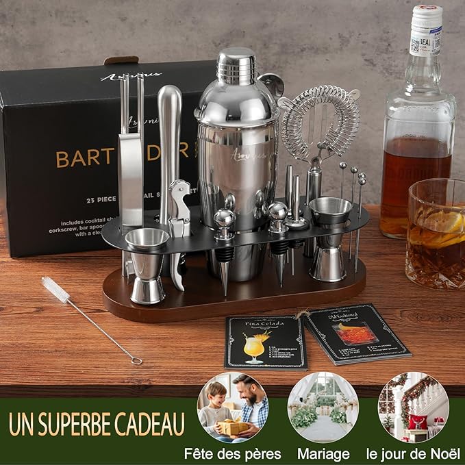 Cocktail Shaker Set Bartender Kit with Stand | 23-Piece Bar Set Drink Mixer Set with All Essential Bar Tools: Martini Shaker, Jigger, Strainer, Spoon, Muddler, Pourers, for Home, Bar, Party