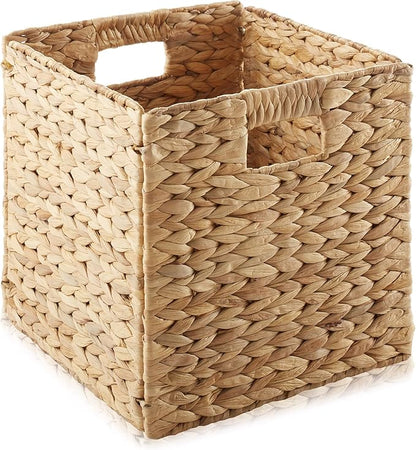 Casafield 10.5" x 10.5" Water Hyacinth Storage Baskets, Natural - Set of 2 Collapsible Cube Organizers, Woven Bins for Bathroom, Bedroom, Laundry, Pantry, Shelves